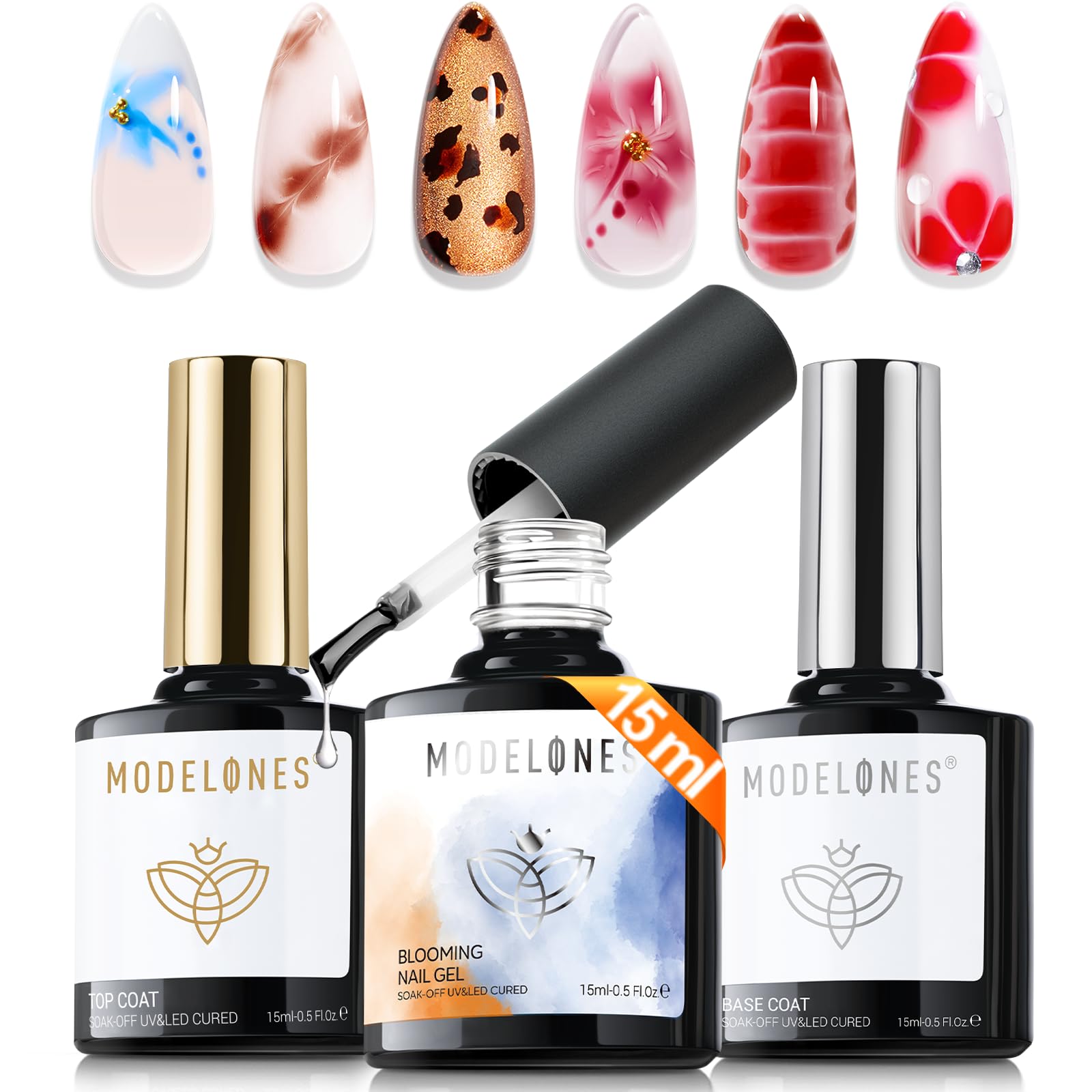 modelones Gel Top Coat & Blooming Set – 15ml, 3-Piece Nail Art Kit