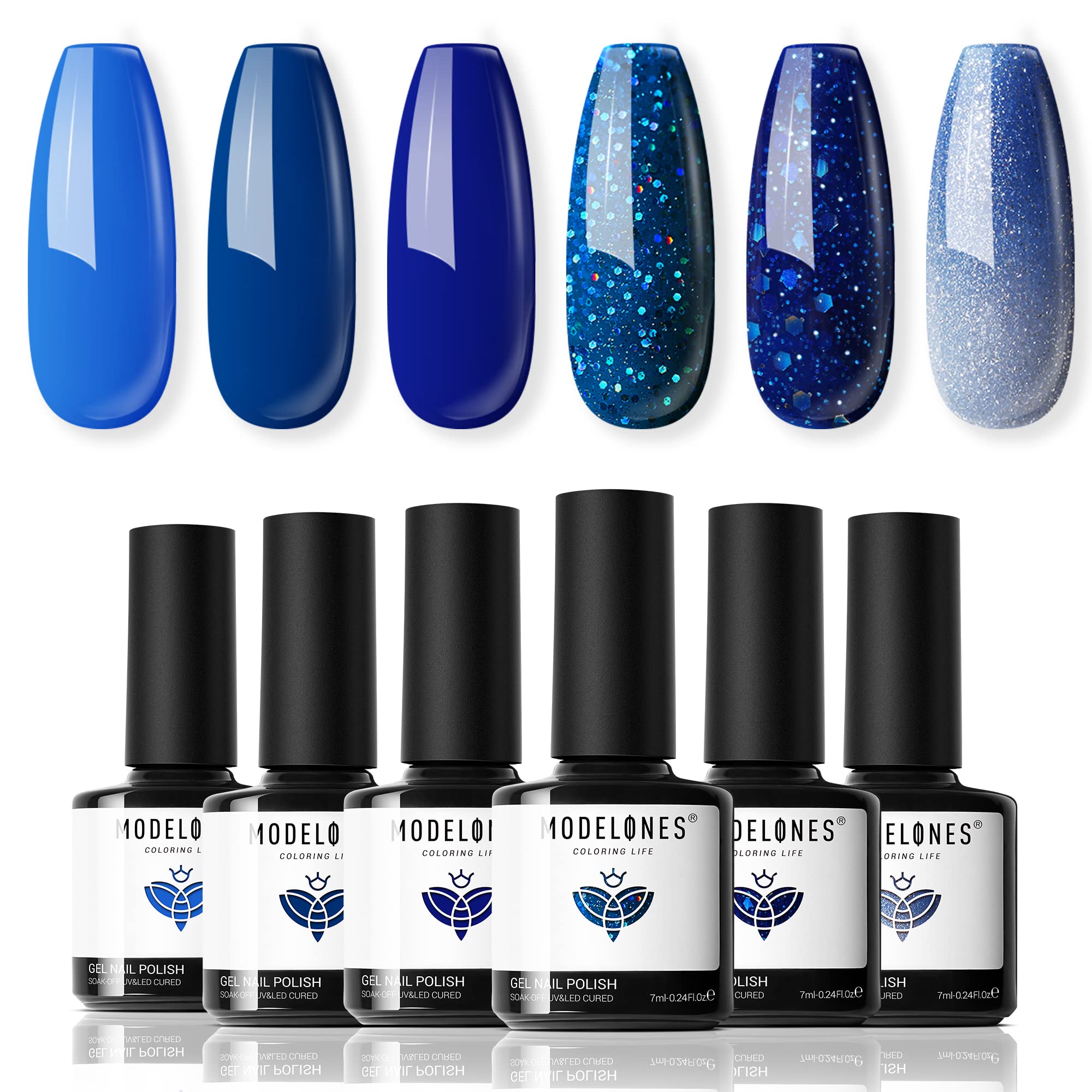 Modelones Blue Gel Nail Polish Set — 6 Color-Changing Glitter Gels for Winter Nails