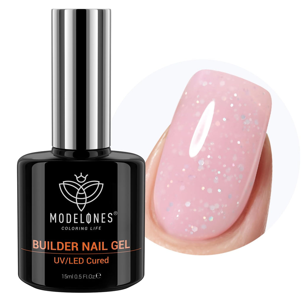 Modelones Builder Nail Gel – 8-in-1 Nude Pink Glitter with Rainbow Iridescent Shine