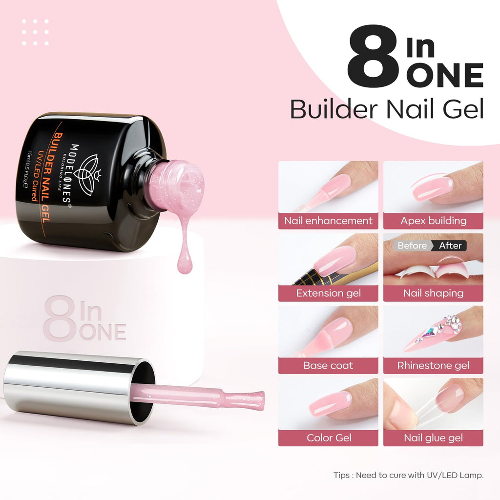 Modelones Builder Nail Gel – 8-in-1 Nude Pink Glitter with Rainbow Iridescent Shine