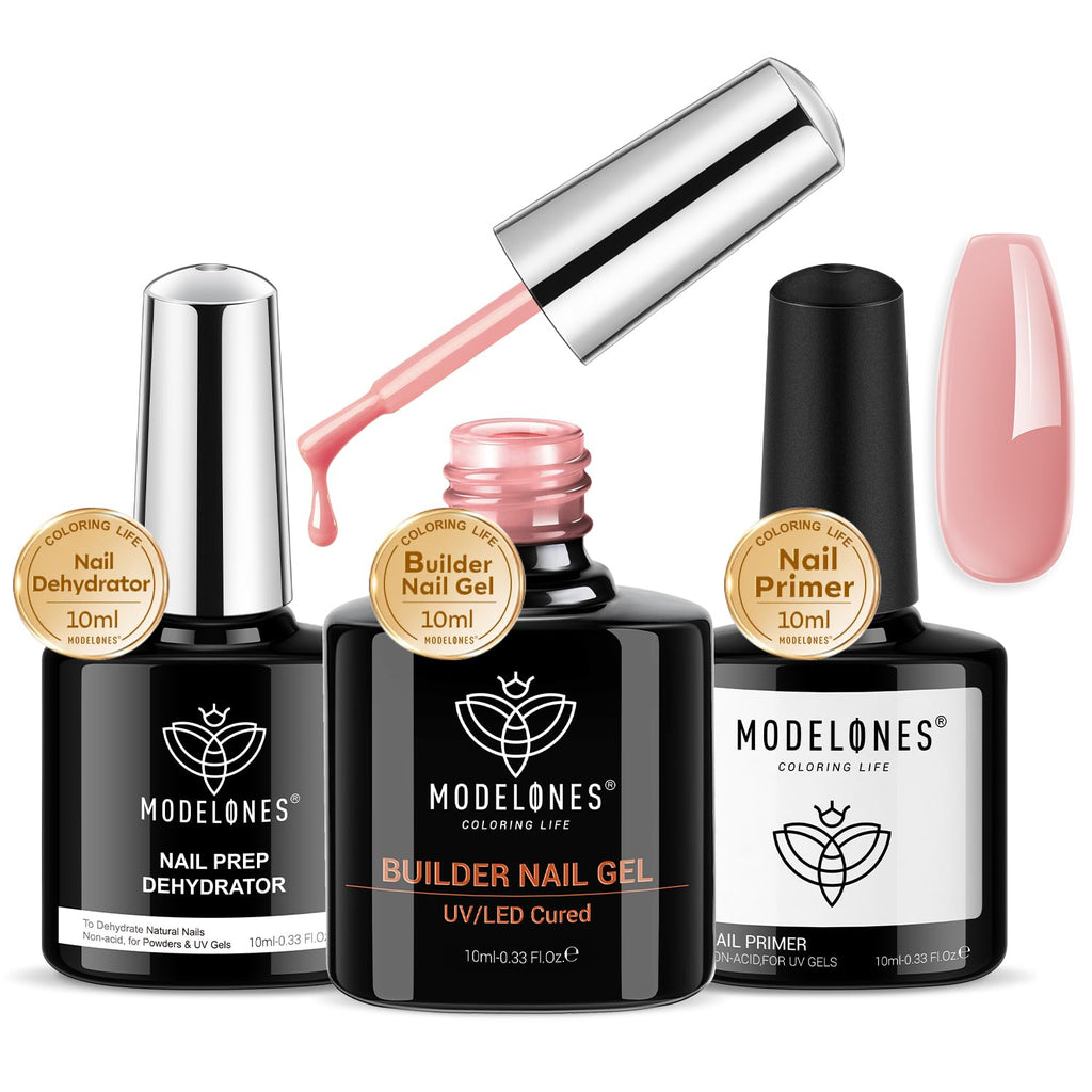 Modelones Builder Nail Gel with Dehydrator & Primer – 3-Piece 10ml Nude Pink Thickening Set
