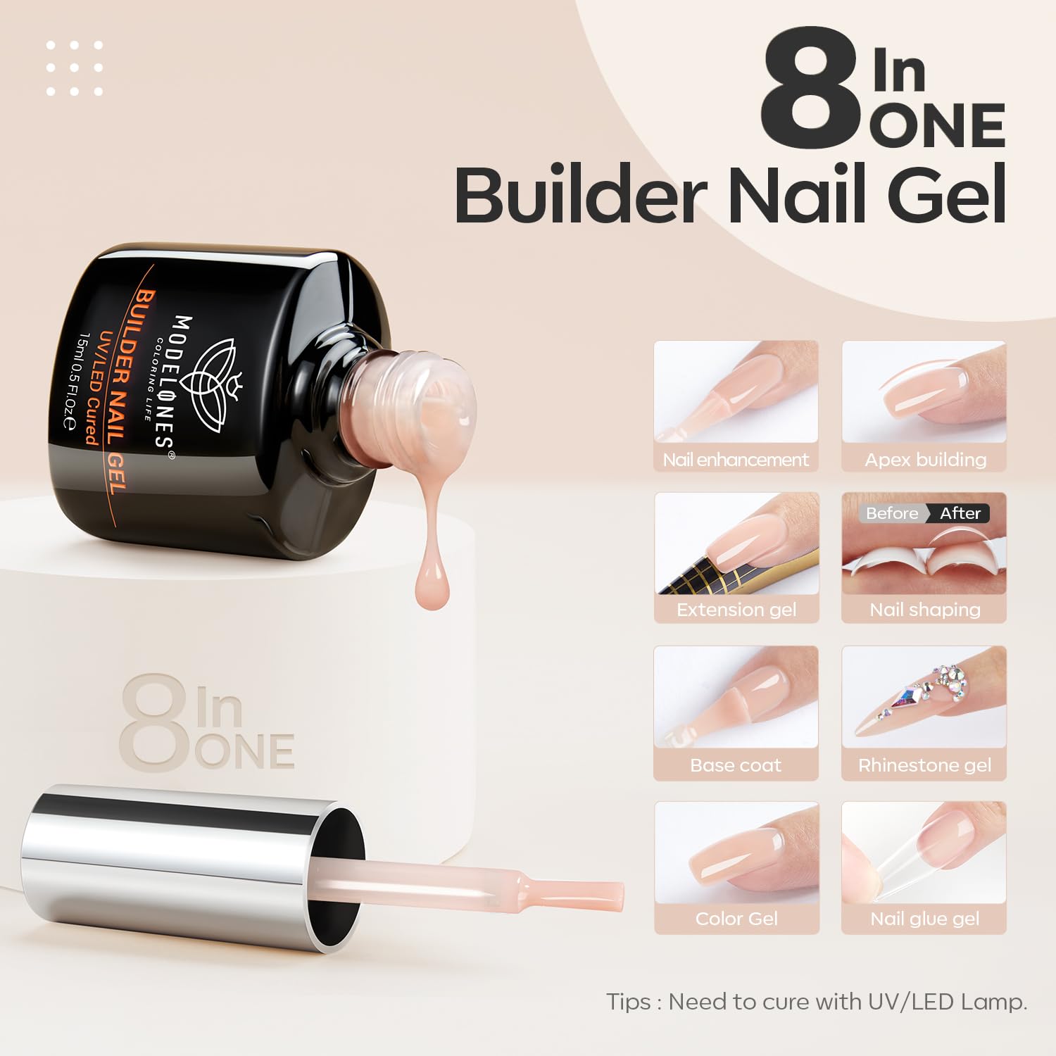 Modelones 8-in-One Builder Nail Gel – Neutral Nude for Thickening, Extension & Shine