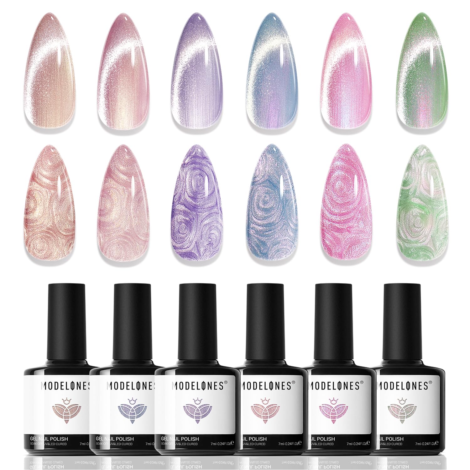 Modelones Cat Eye Gel Nail Polish Set — 6 Iridescent Mermaid Colors with Magnetic Nail Art