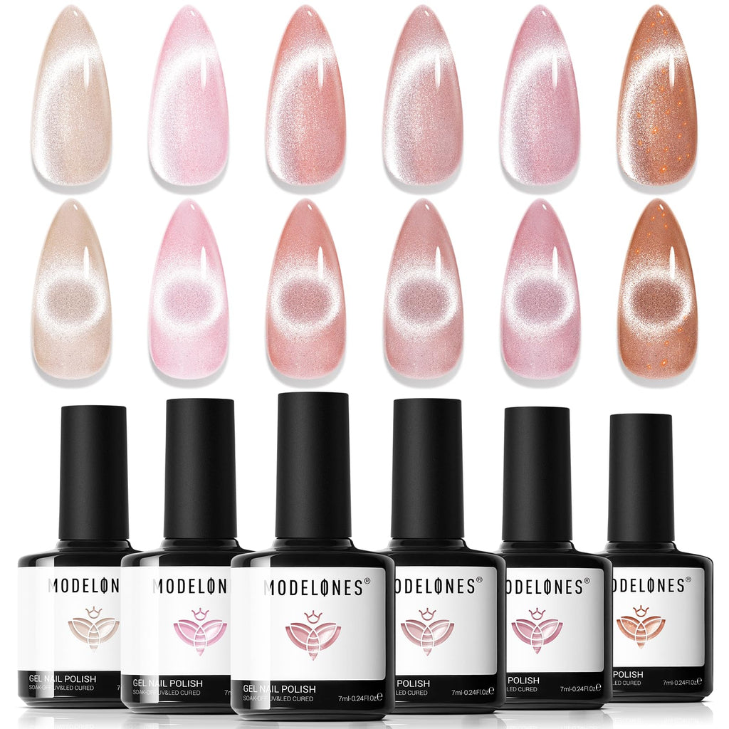 Modelones Cat Eye Gel Nail Polish Kit – 6 Nude Colors with Magnet Sparkle | Soak-Off LED Gel (Galaxy Series)