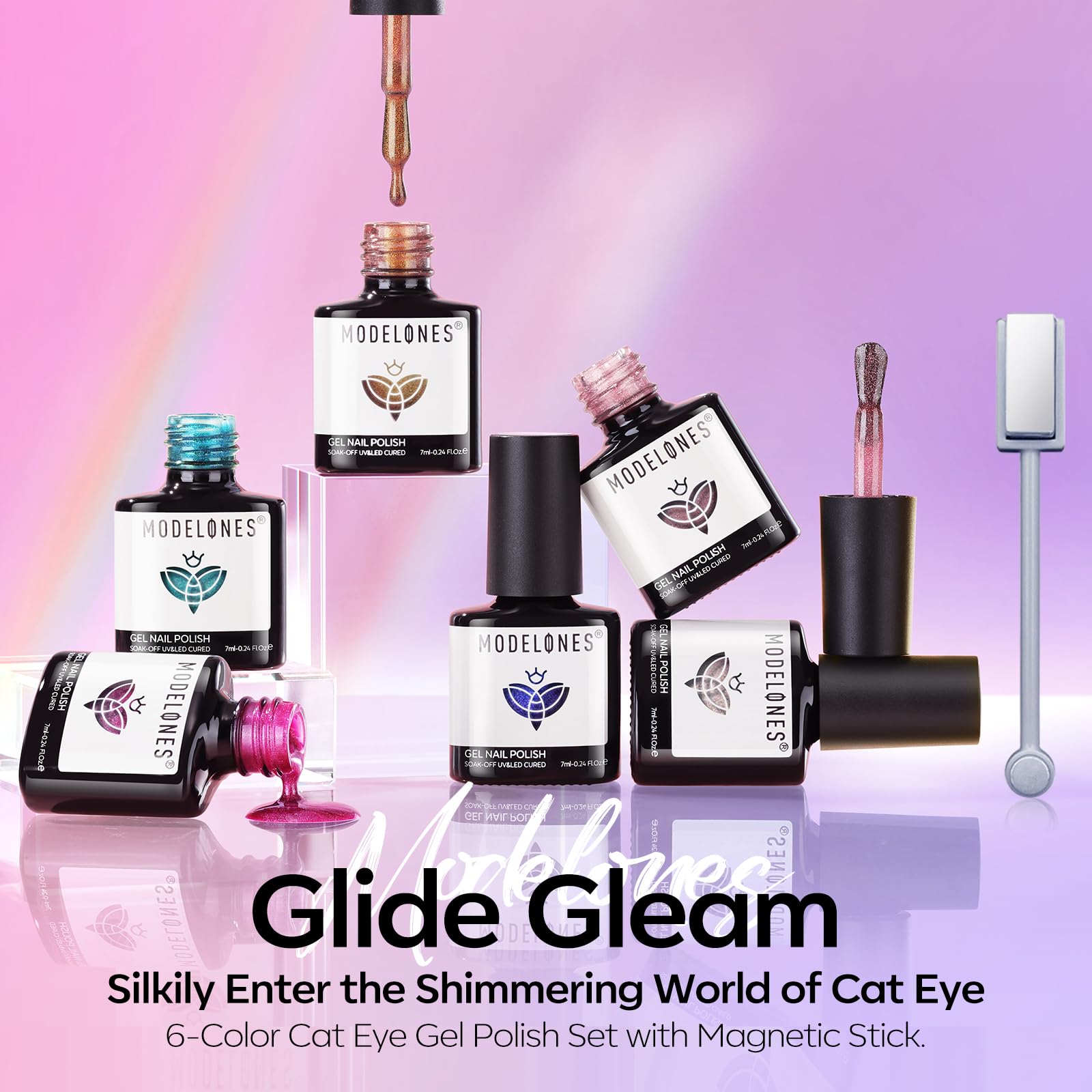 Modelones Cat Eye Gel Nail Polish Set – 6 Color Magnetic Gel Polishes, 7ml, Magnet Included