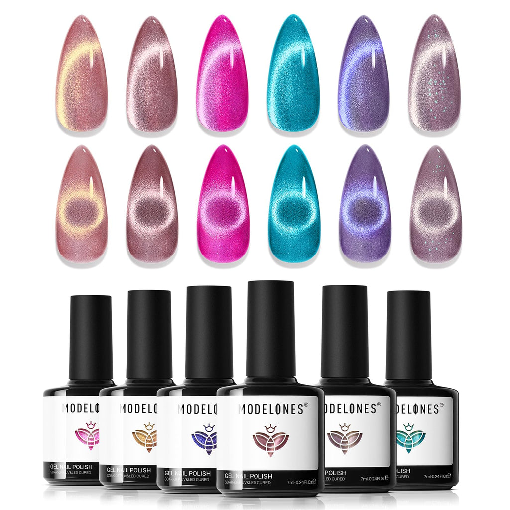 Modelones Cat Eye Gel Nail Polish Set – 6 Color Magnetic Gel Polishes, 7ml, Magnet Included