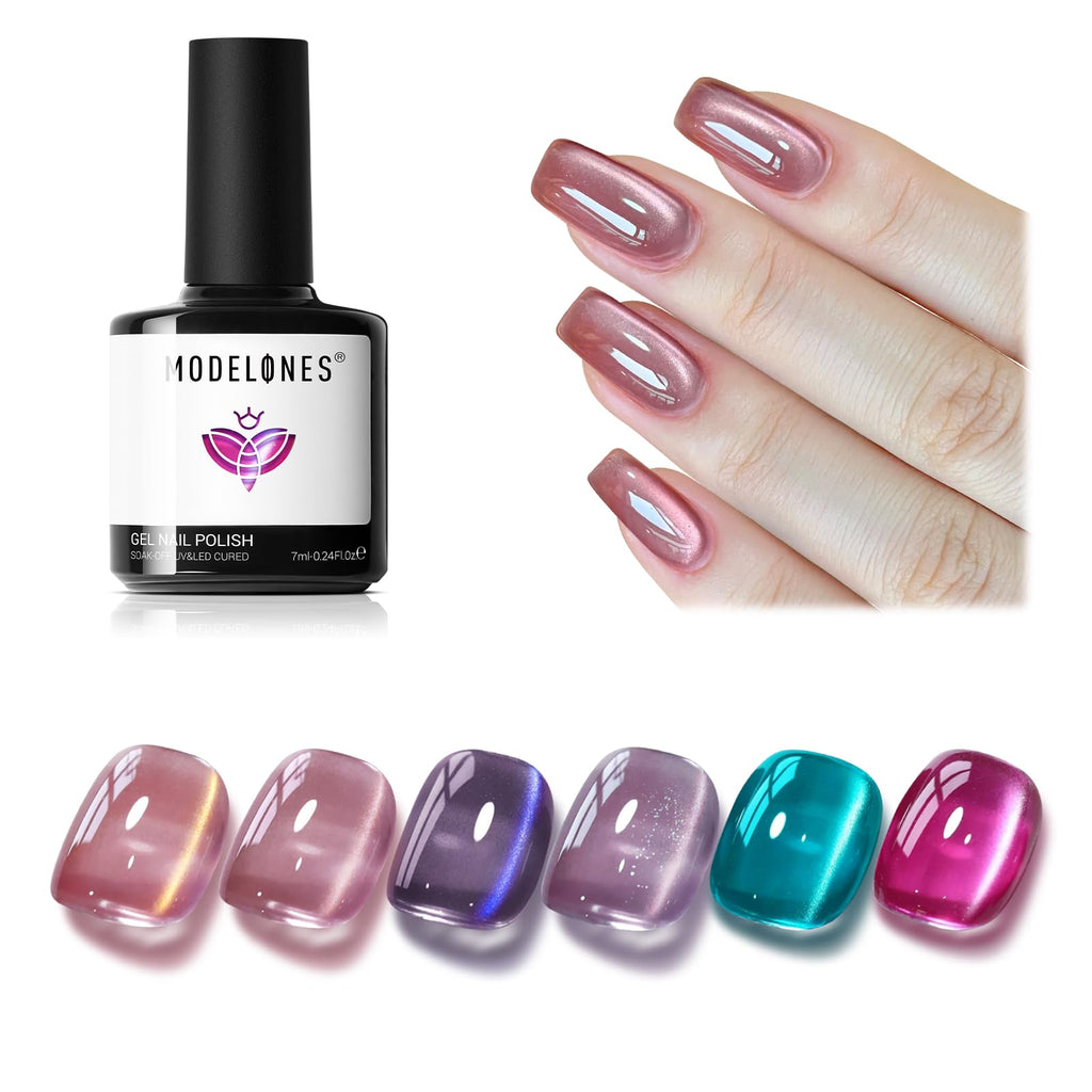 Modelones Cat Eye Gel Nail Polish Set – 6 Color Magnetic Gel Polishes, 7ml, Magnet Included