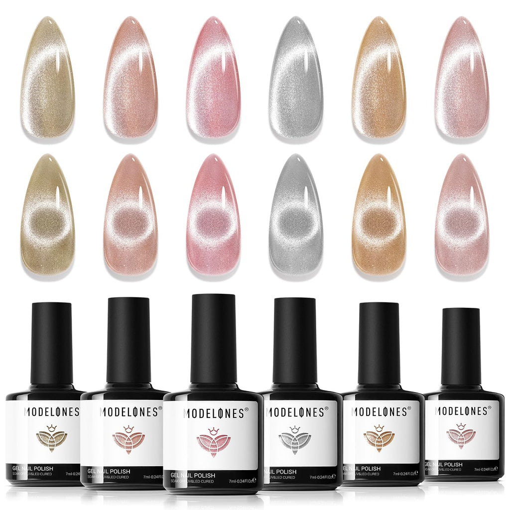 Modelones Cat Eye Gel Nail Polish Set — Holographic Glitter, 6 Colors + Magnet