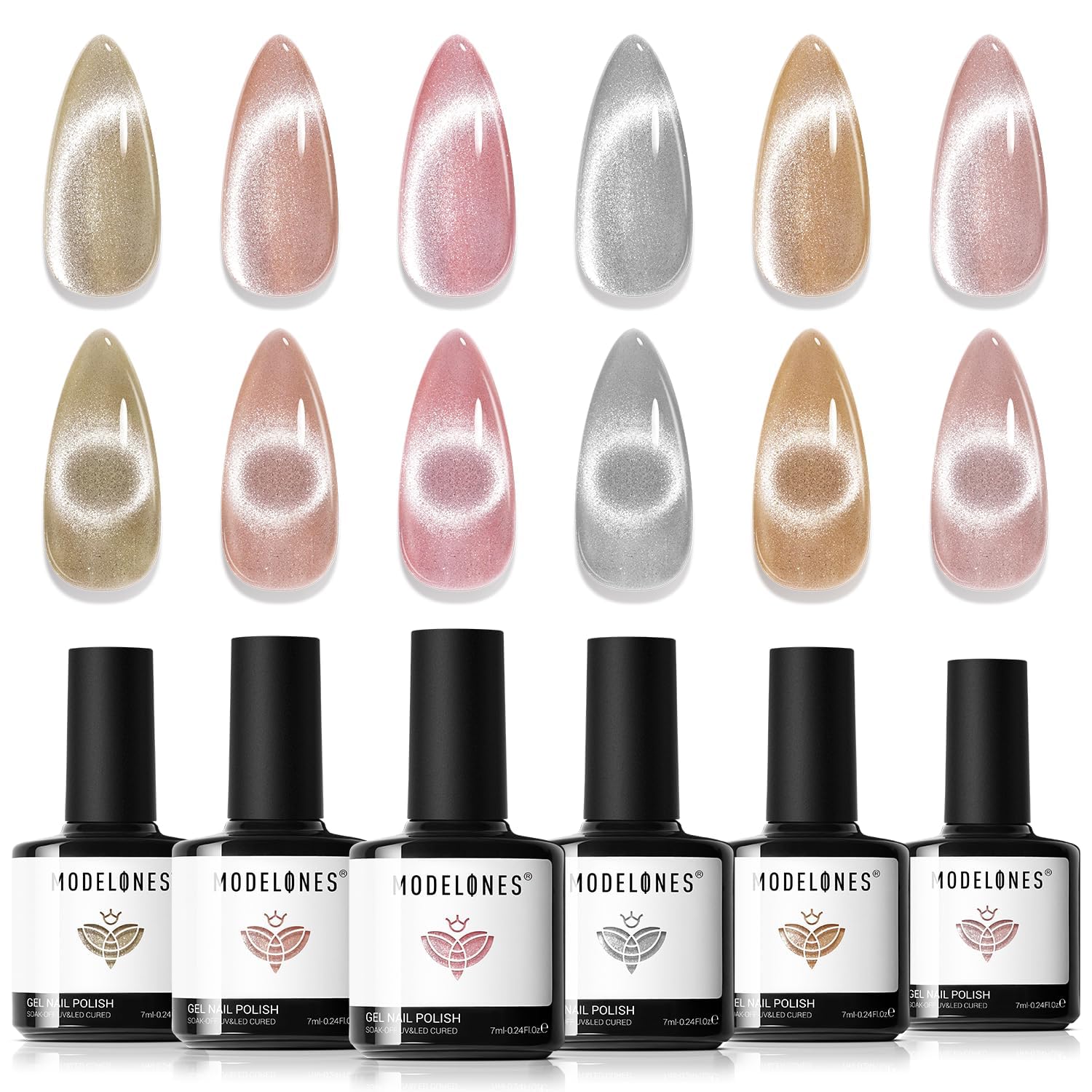 Modelones Cat Eye Gel Nail Polish Set — Holographic Glitter, 6 Colors + Magnet