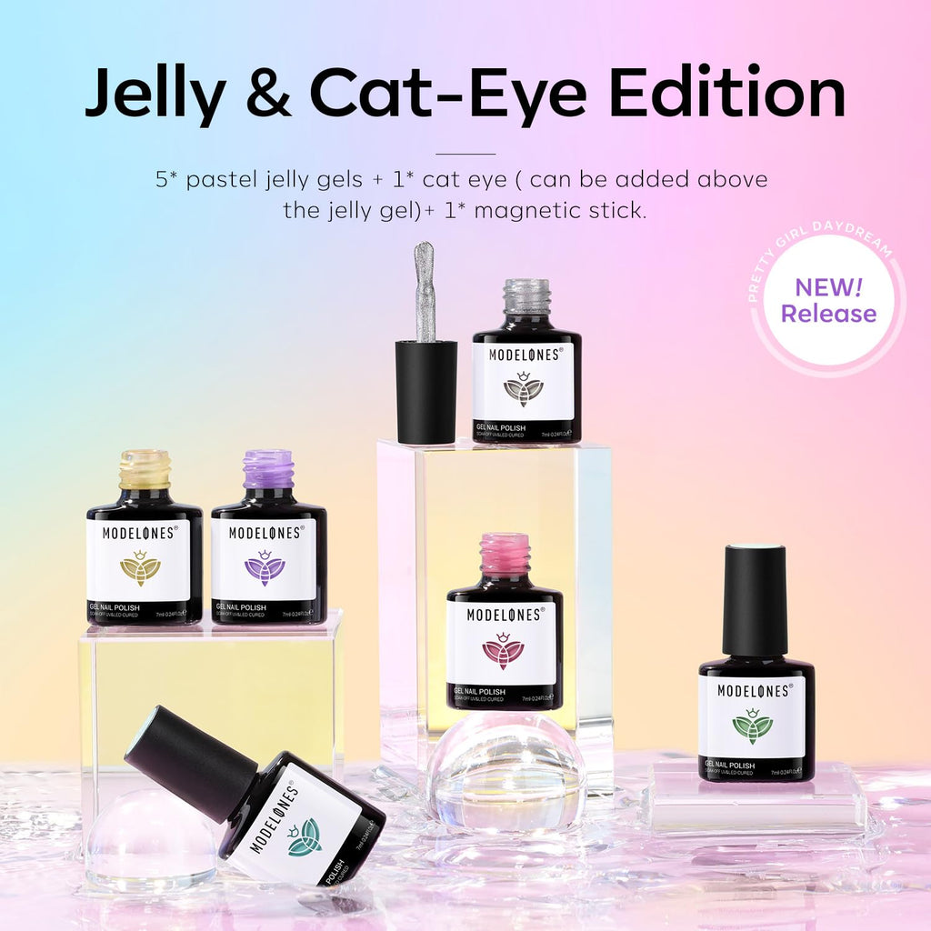 modelones Gel Nail Polish Set — 6 Colors for Spring 2026, Silver Cat Eye & Jelly Pastels