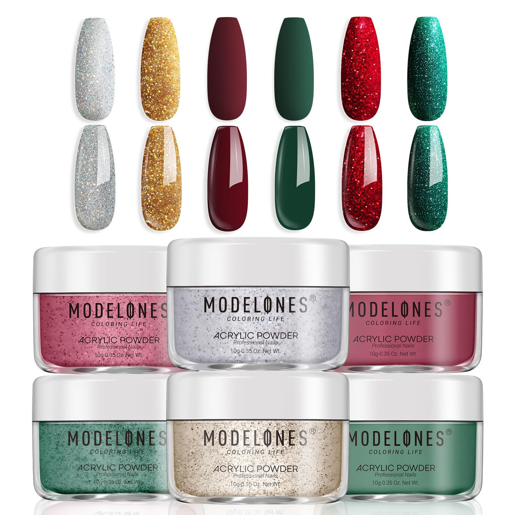 Modelones Christmas Colors Acrylic Powder Kit — 6 Festive Shades (No Lamp Needed)