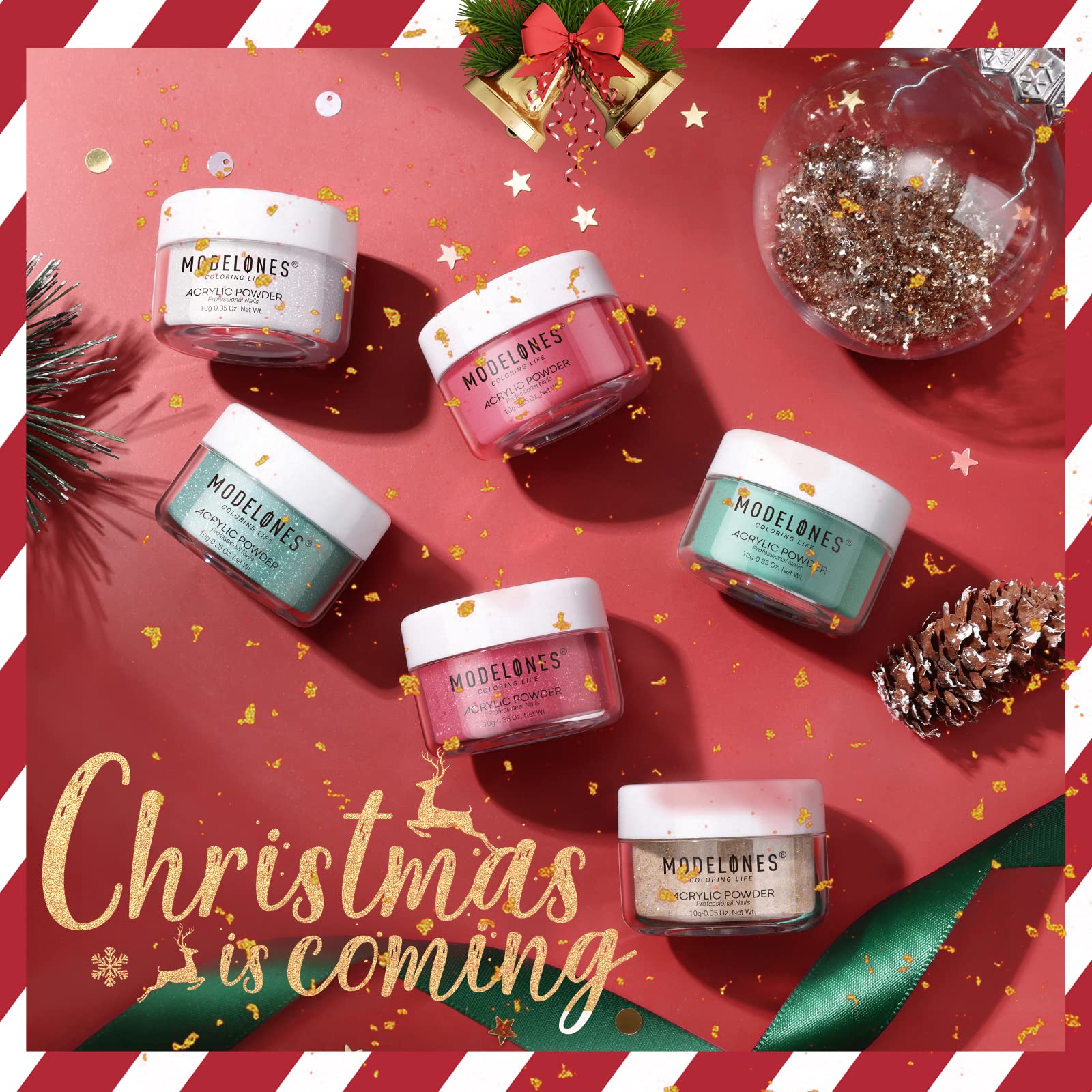 Modelones Christmas Colors Acrylic Powder Kit — 6 Festive Shades (No Lamp Needed)