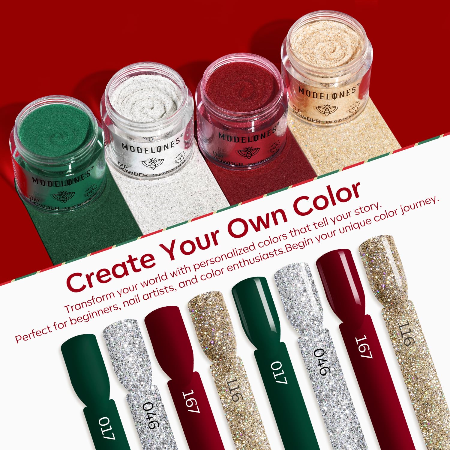 Modelones Christmas Dip Powder Nail Kit – 4 Color Red Green Gold Glitter Starter Set for DIY Home Manicure