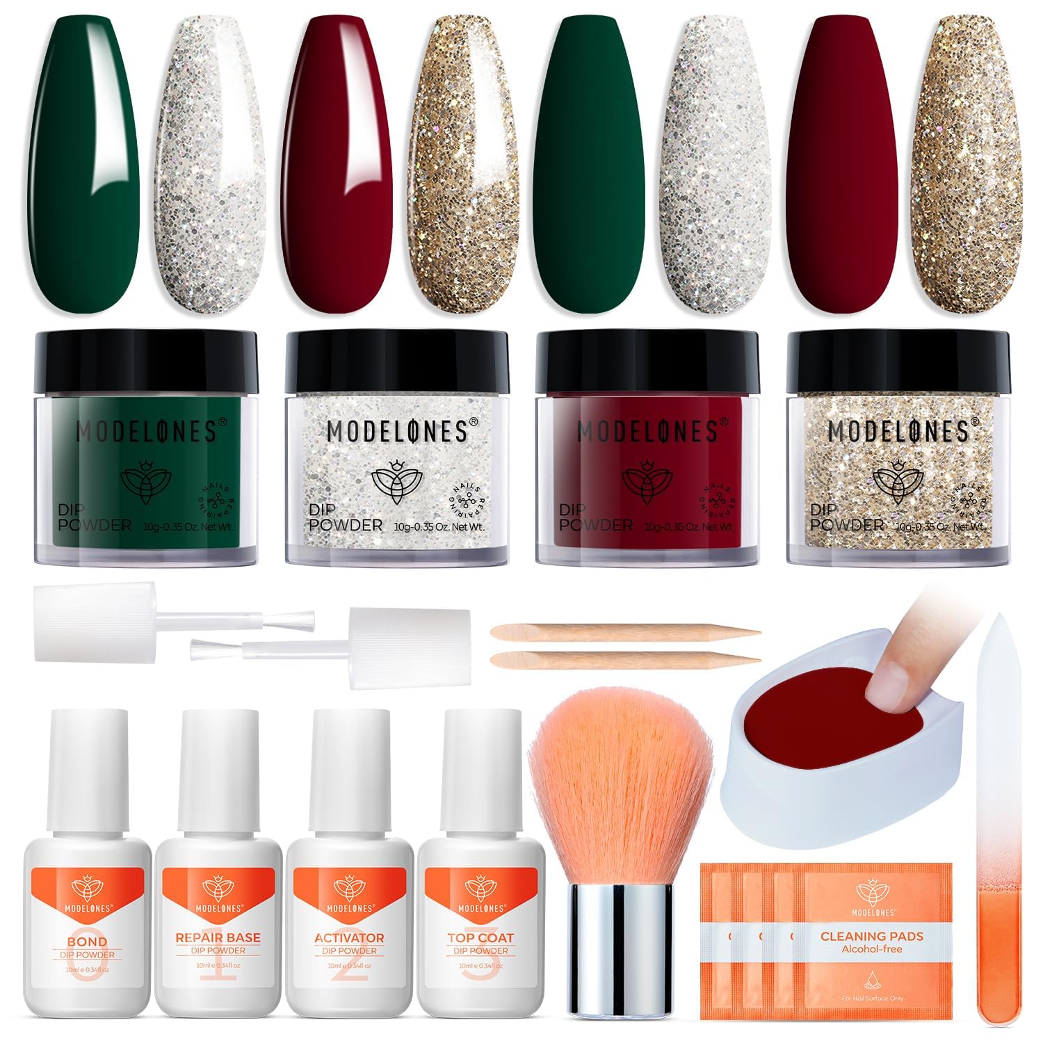 Modelones Christmas Dip Powder Nail Kit – 4 Color Red Green Gold Glitter Starter Set for DIY Home Manicure