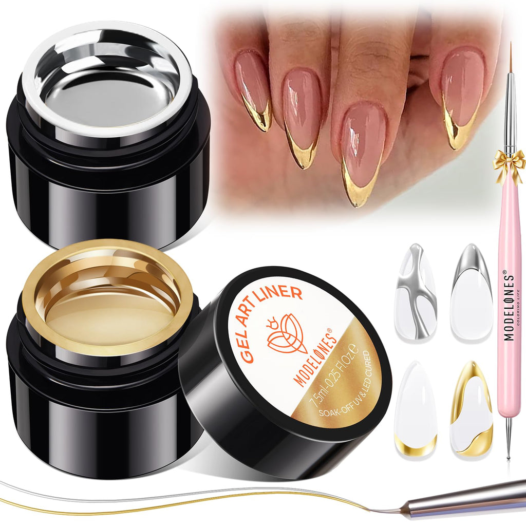modelones Chrome Gold Silver Gel Liner Nail Polish – Metallic Mirror Nail Art Kit with Double Head Brush