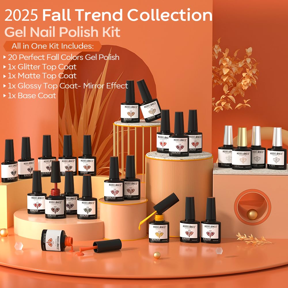 Modelones 20 Colors Gel Nail Polish Kit – Fall/Winter Set with Glitter, Glossy & Matte Top Coats, No-Wipe Base, DIY Manicure at Home