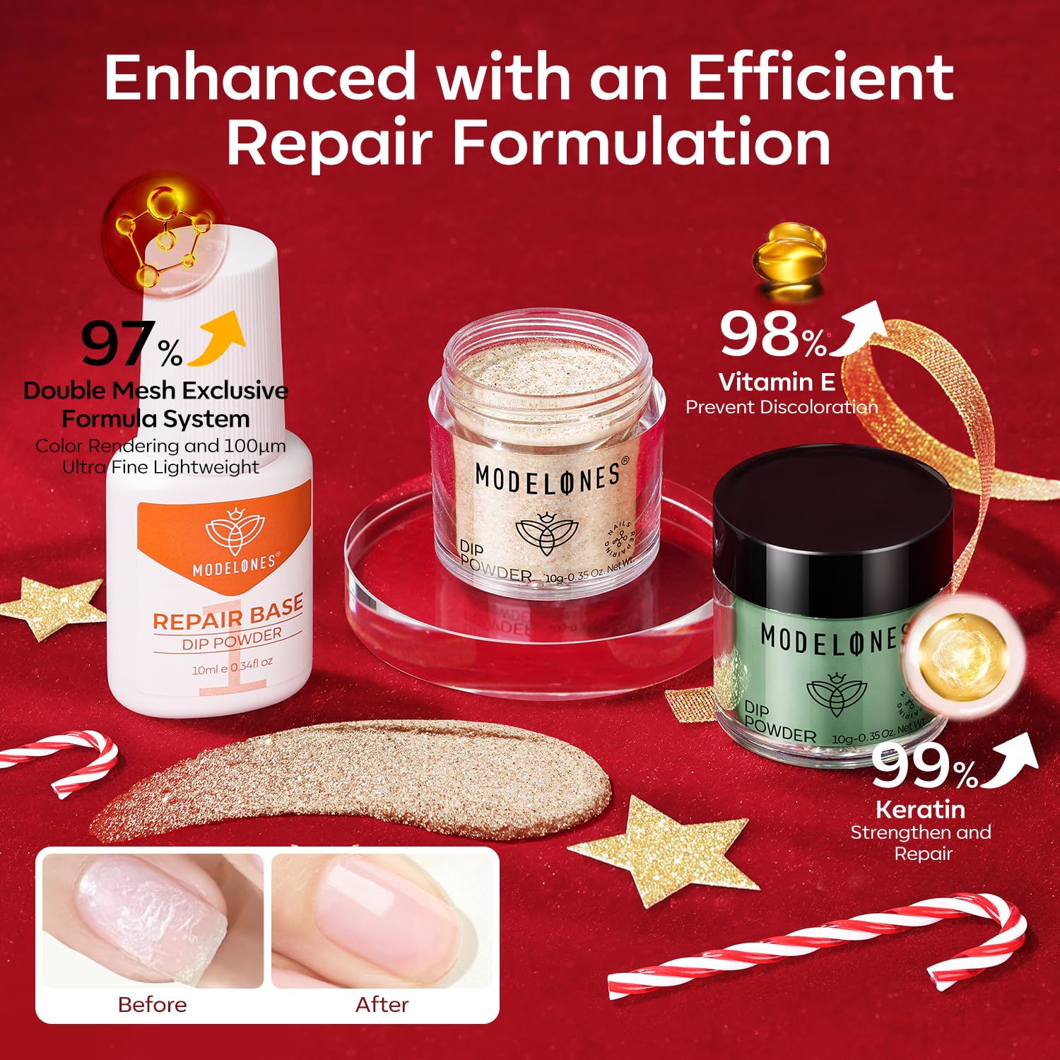 Modelones Christmas Dip Powder Nail Kit – 4 Color Red Green Gold Glitter Starter Set for DIY Home Manicure