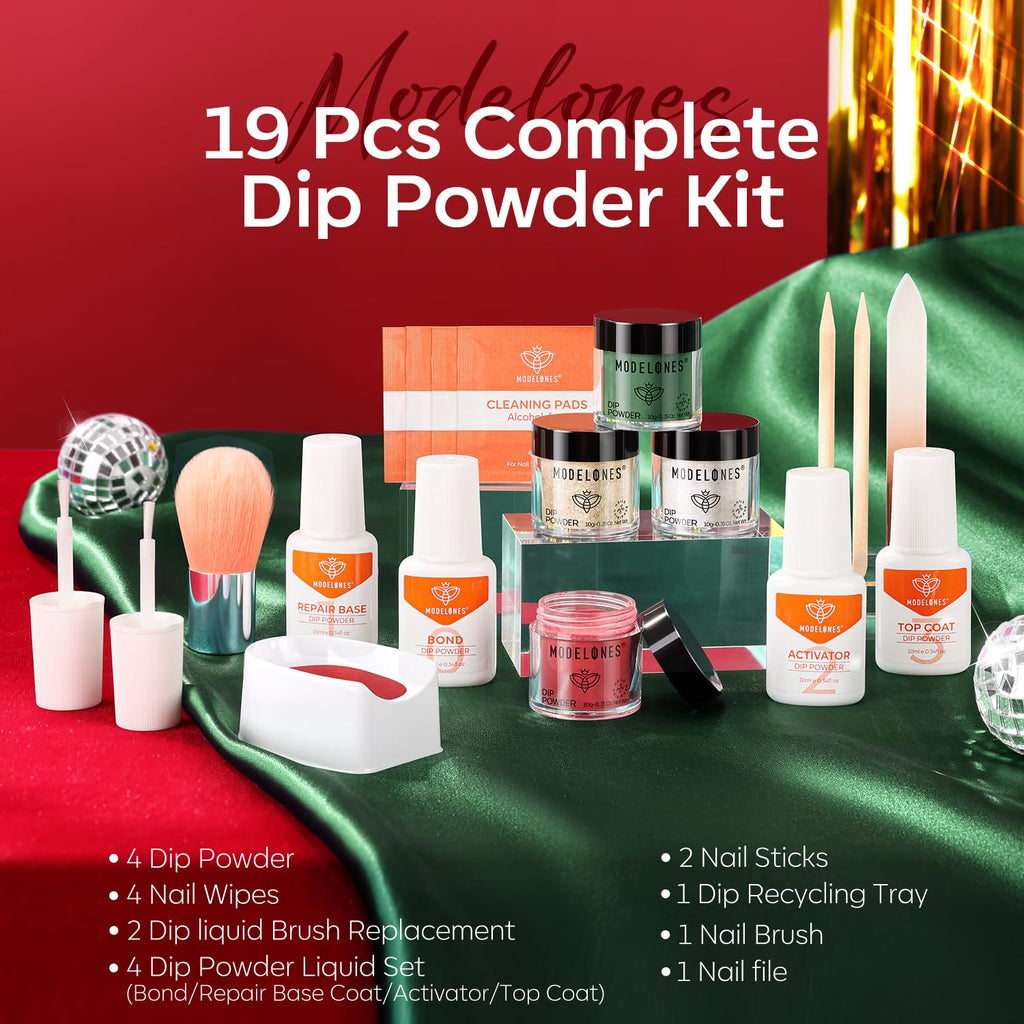 Modelones Christmas Dip Powder Nail Kit – 4 Color Red Green Gold Glitter Starter Set for DIY Home Manicure