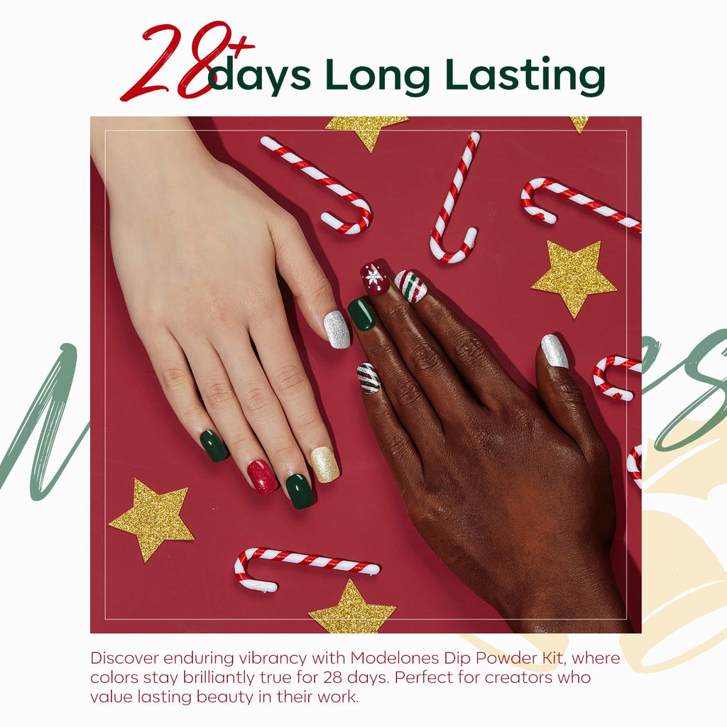 Modelones Christmas Dip Powder Nail Kit – 4 Color Red Green Gold Glitter Starter Set for DIY Home Manicure