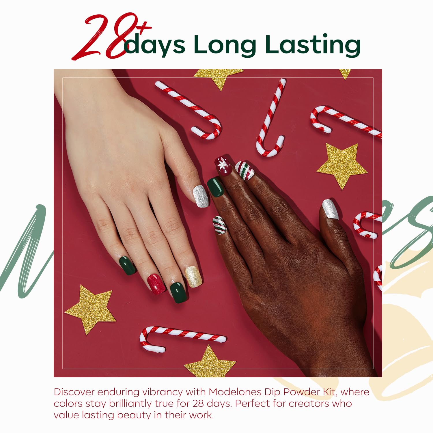 Modelones Christmas Dip Powder Nail Kit – 4 Color Red Green Gold Glitter Starter Set for DIY Home Manicure