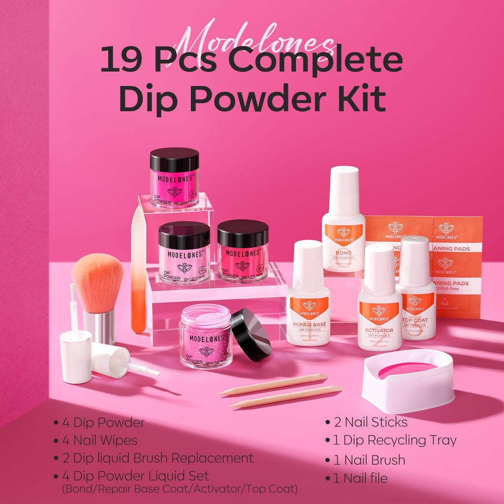 Modelones Dip Powder Nail Kit — 4 Colors Hot Pink, Red, Rose, Glitter Rose; No Lamp Needed