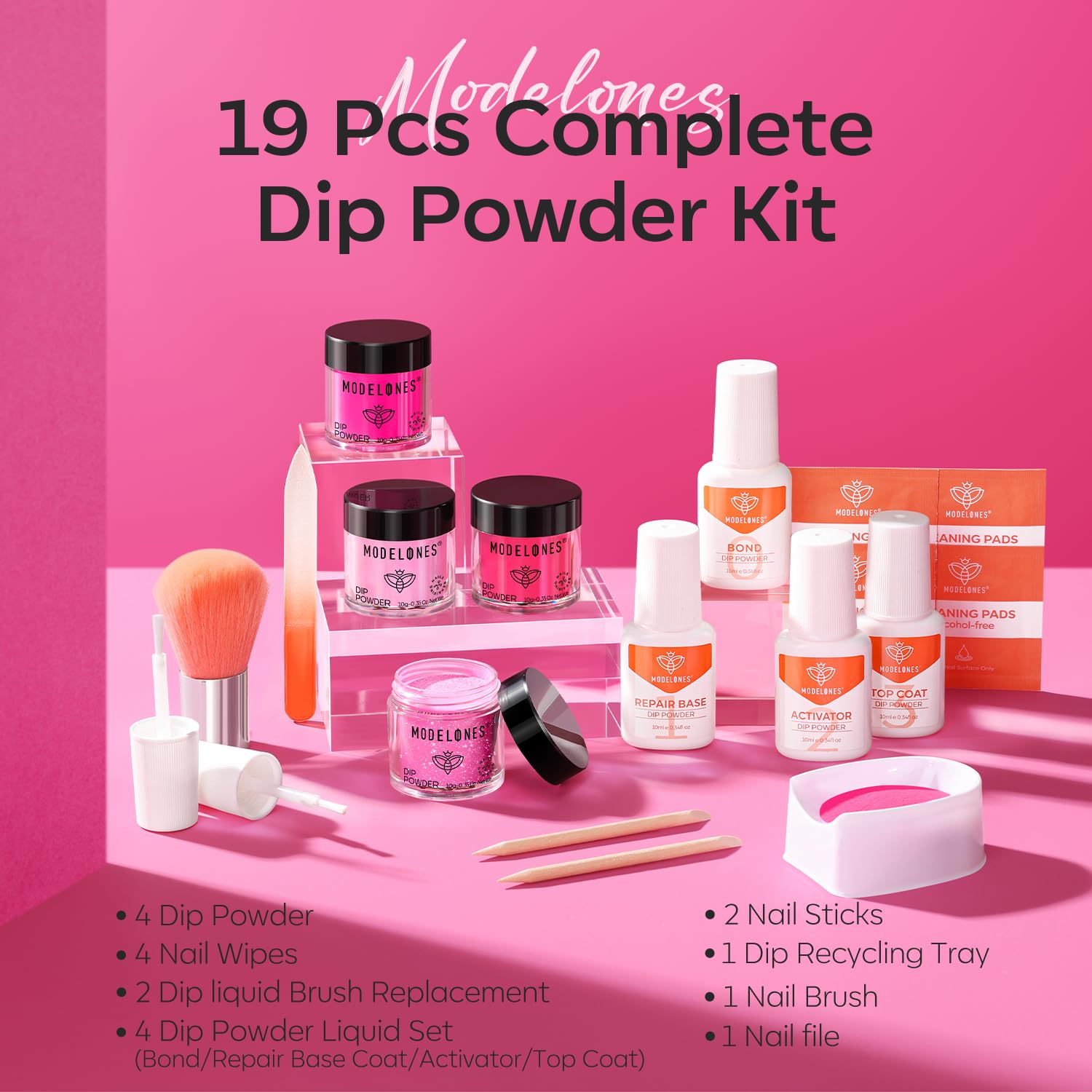 Modelones Dip Powder Nail Kit — 4 Colors Hot Pink, Red, Rose, Glitter Rose; No Lamp Needed