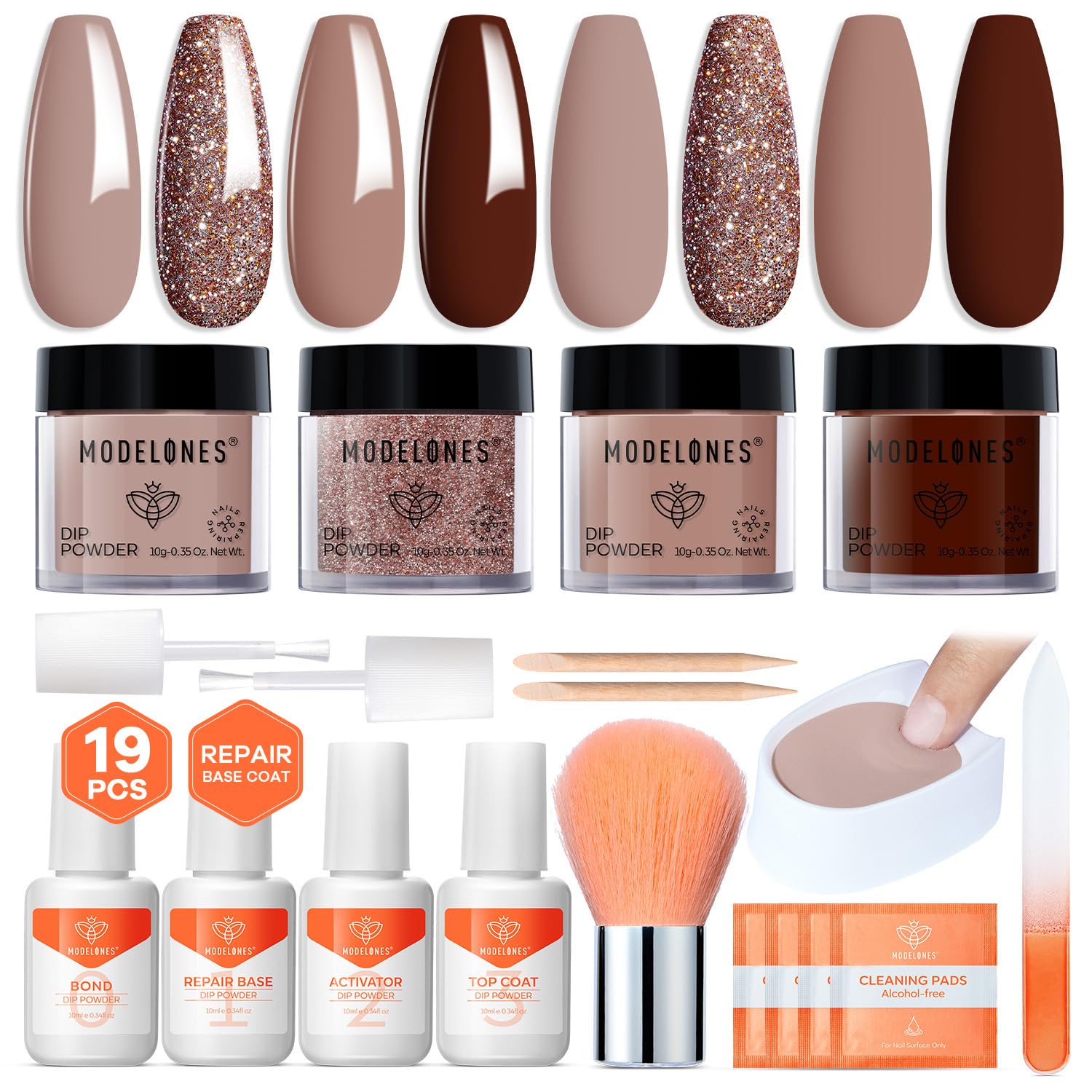 Modelones Dip Powder Nail Kit – 4 Colors Beige, Brown & Glitter with Liquid & Complete Accessories