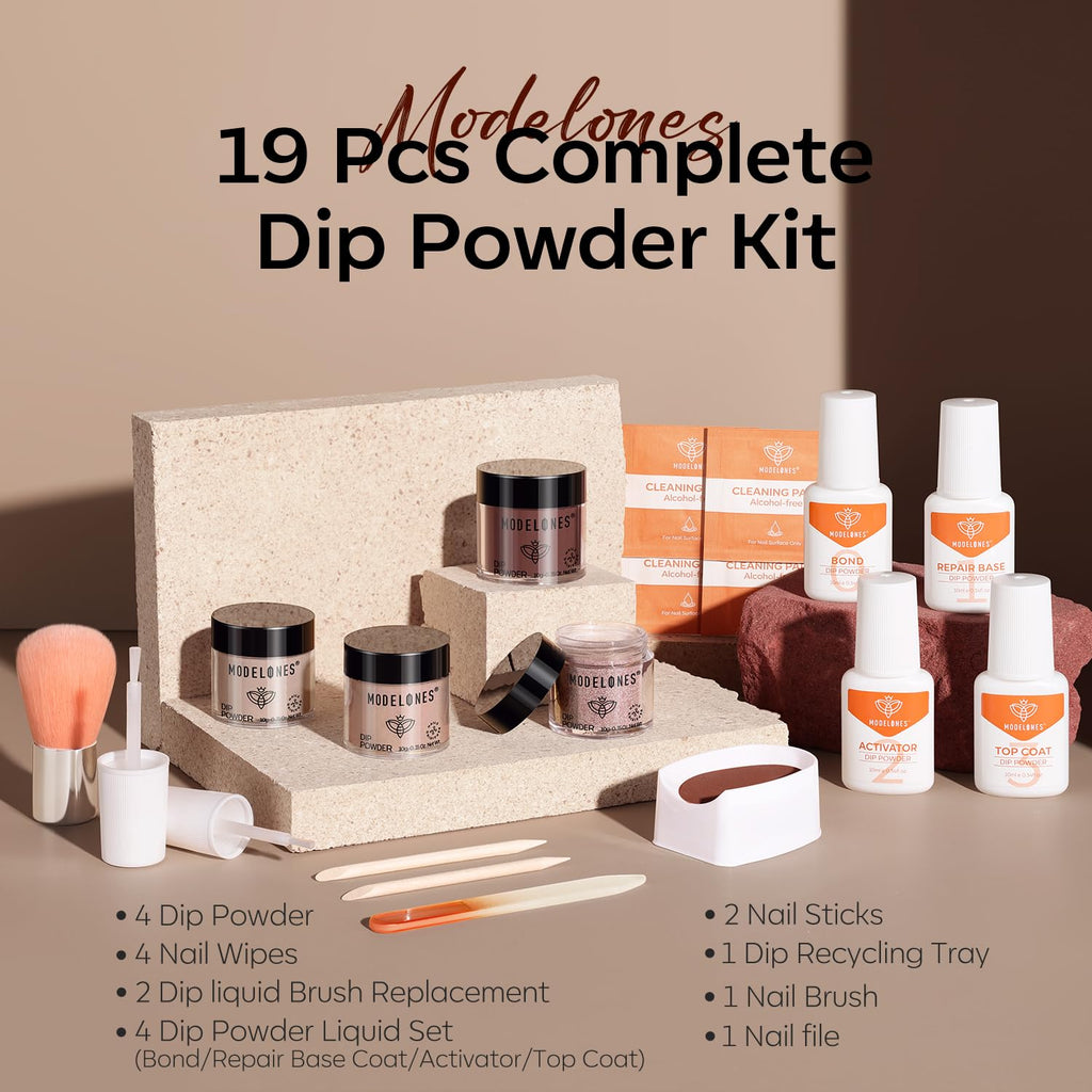 Modelones Dip Powder Nail Kit – 4 Colors Beige, Brown & Glitter with Liquid & Complete Accessories