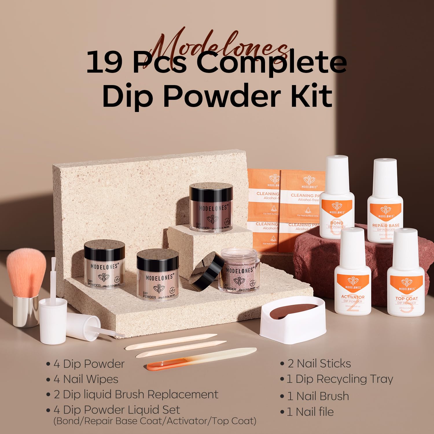 Modelones Dip Powder Nail Kit – 4 Colors Beige, Brown & Glitter with Liquid & Complete Accessories