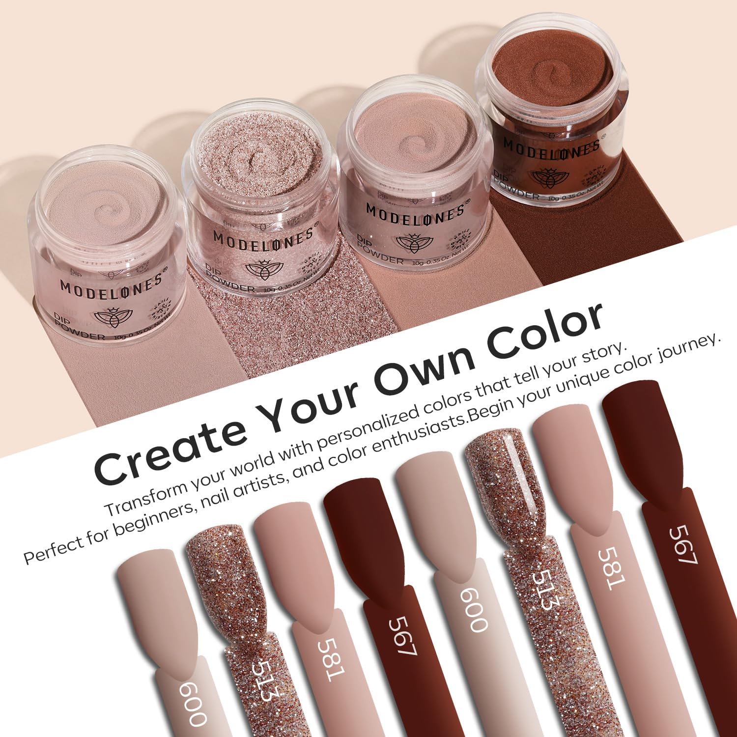 Modelones Dip Powder Nail Kit – 4 Colors Beige, Brown & Glitter with Liquid & Complete Accessories