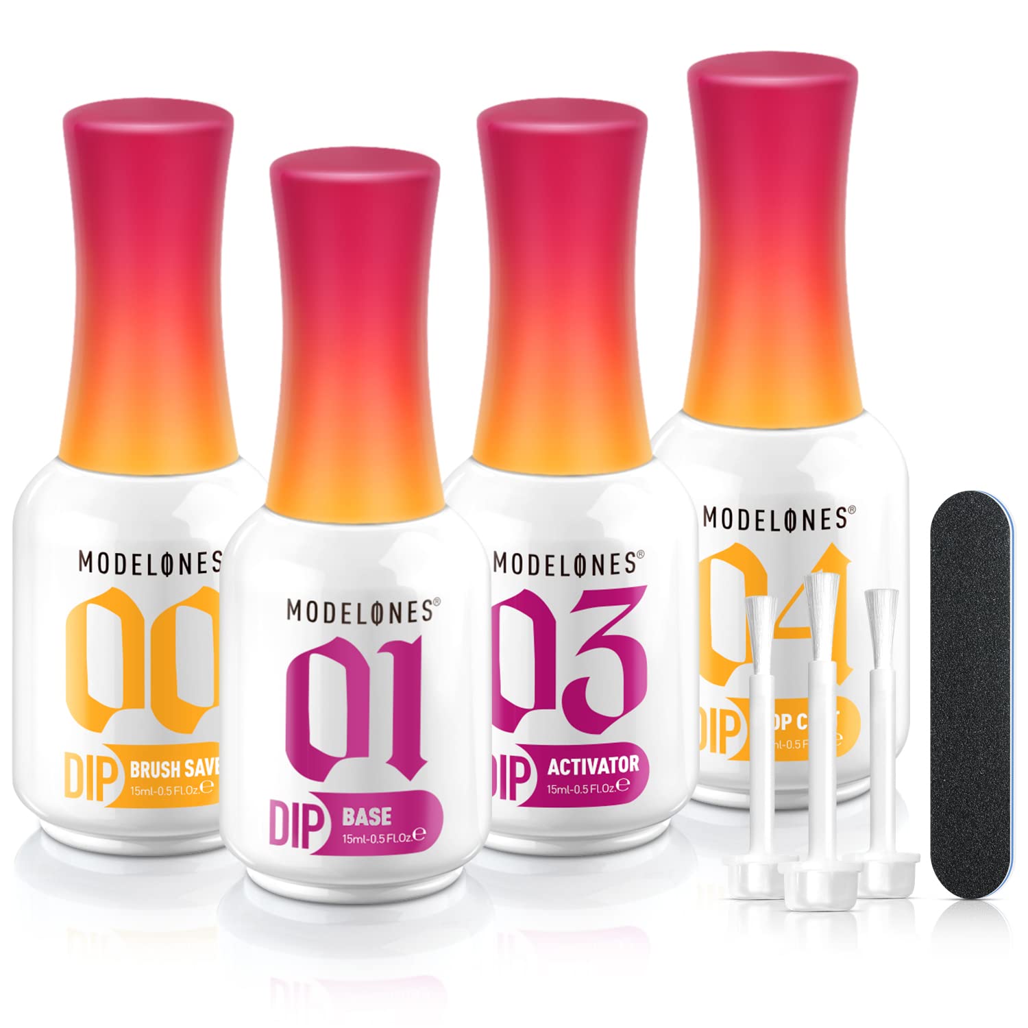 Modelones Dip Powder Liquid Set 4+4 – Base Coat, Top Coat, Activator & Brush Saver