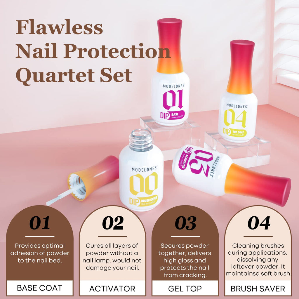 Modelones Dip Powder Liquid Set 4+4 – Base Coat, Top Coat, Activator & Brush Saver