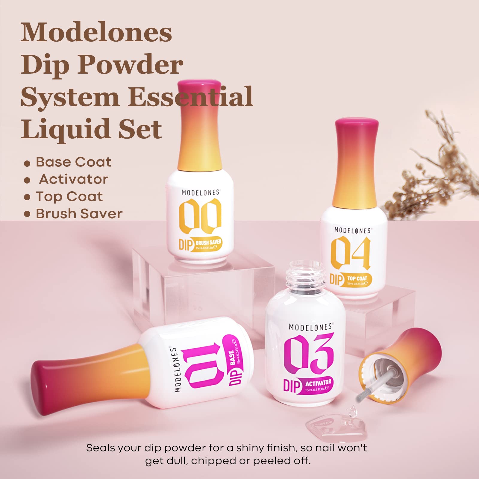 Modelones Dip Powder Liquid Set 4+4 – Base Coat, Top Coat, Activator & Brush Saver