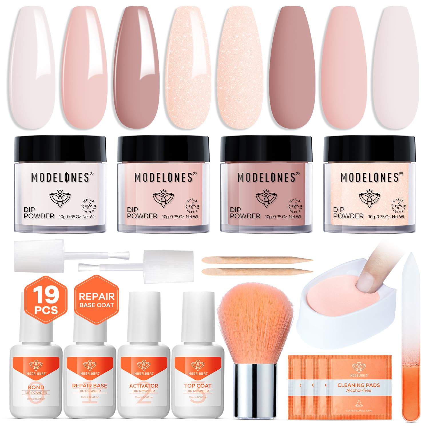 Modelones Dip Powder Nail Kit – 4-Color Nude Pink Glitter Set with Liquid & Tools, No Lamp Needed, DIY Home Manicure