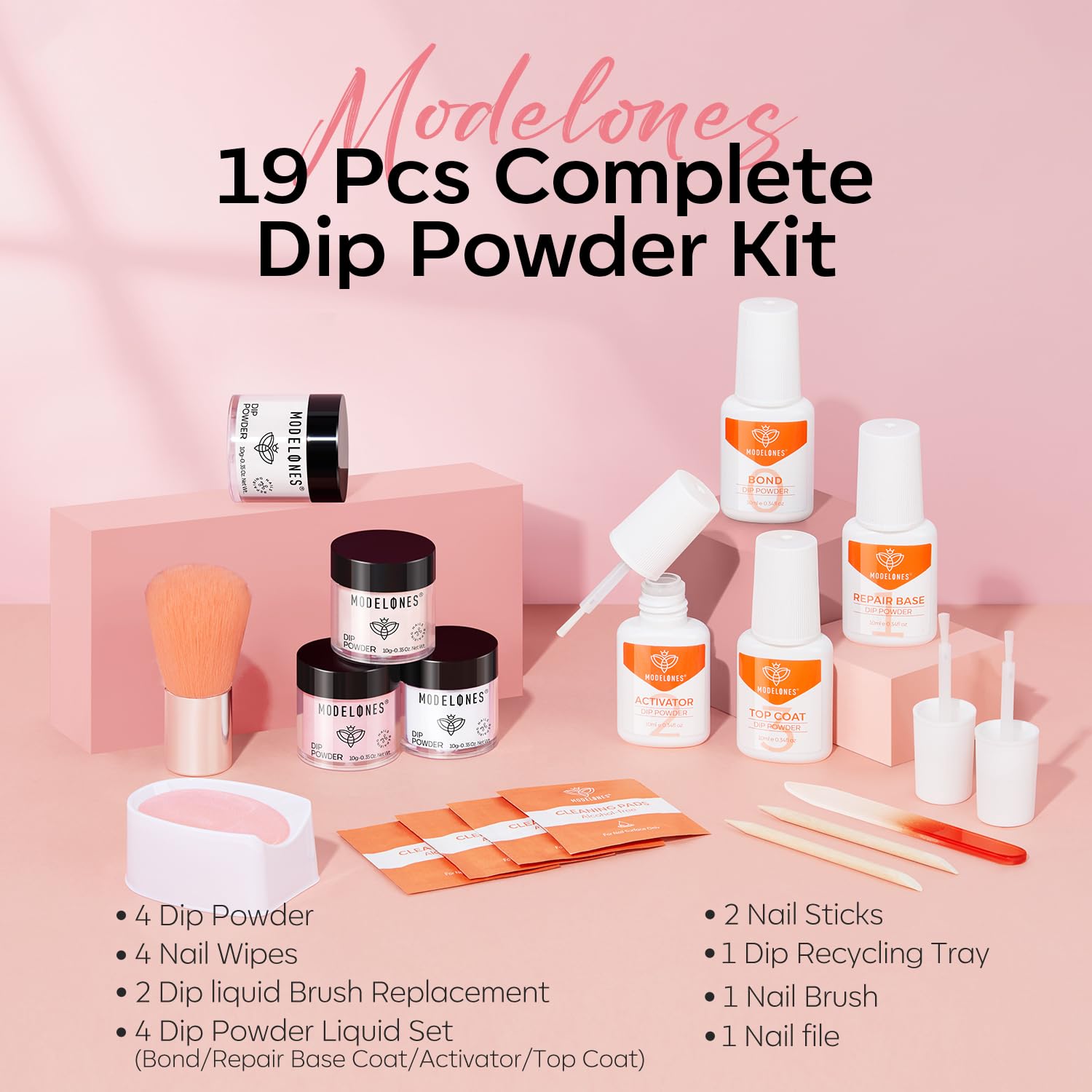 Modelones Dip Powder Nail Kit – 4 Colors + Liquid Set, No Lamp Needed, DIY French Manicure