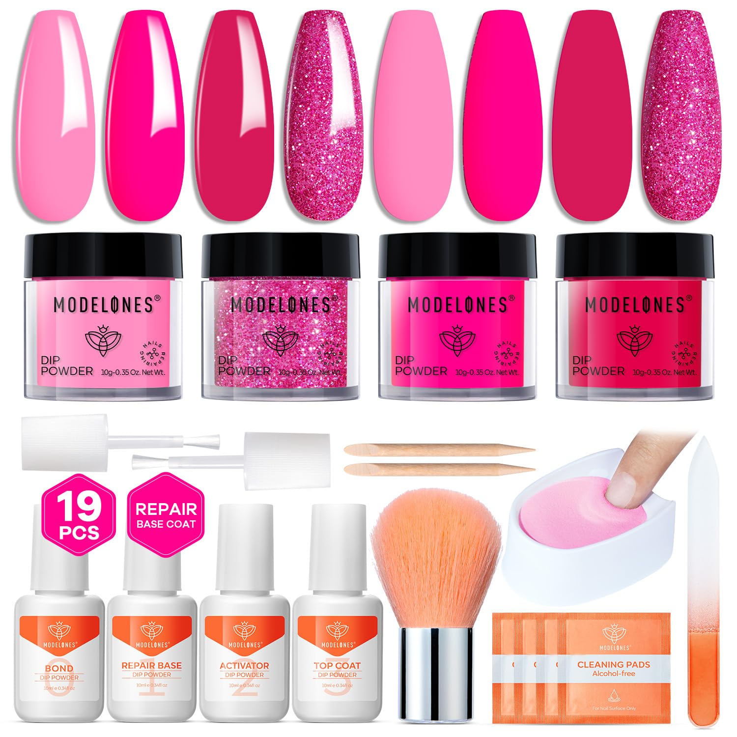 Modelones Dip Powder Nail Kit — 4 Colors Hot Pink, Red, Rose, Glitter Rose; No Lamp Needed
