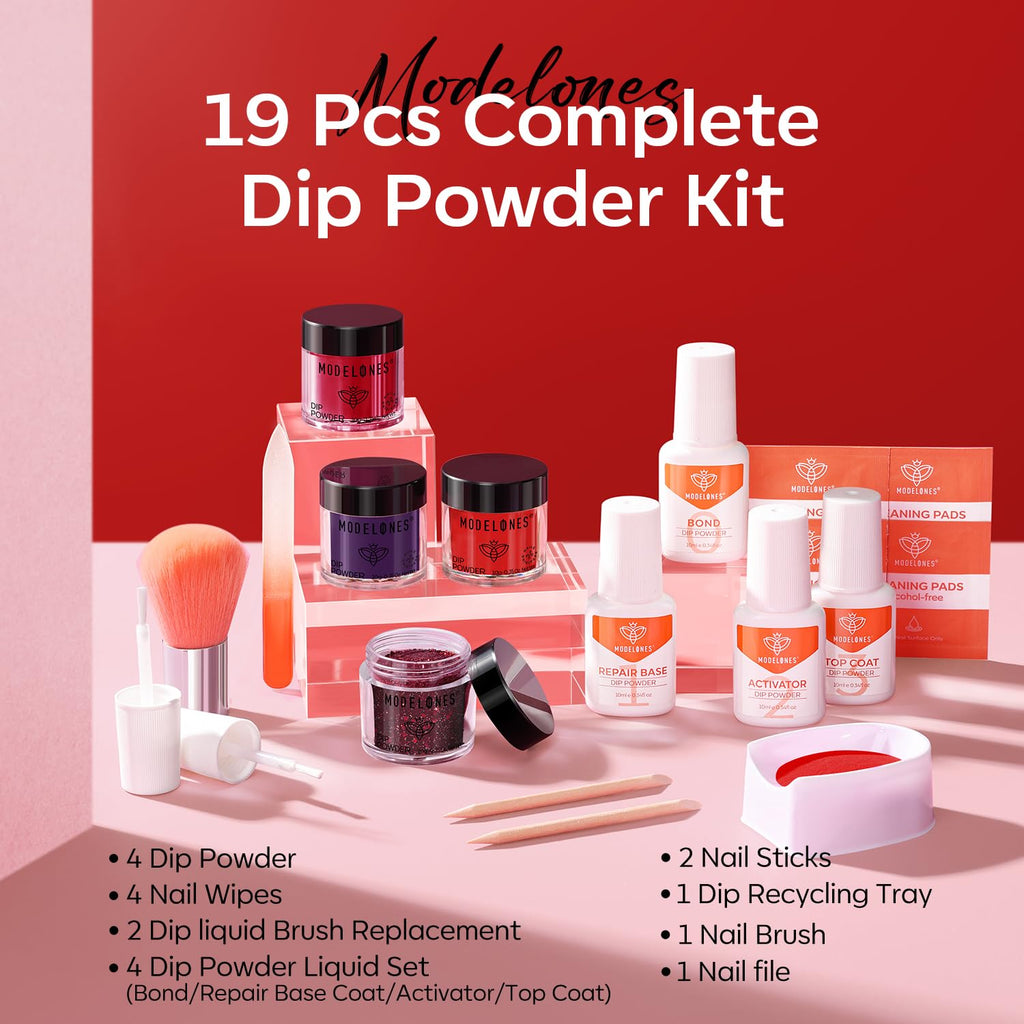 Modelones Dip Powder Nail Kit – 4 Colors with Liquid & Tools for At-Home Manicure
