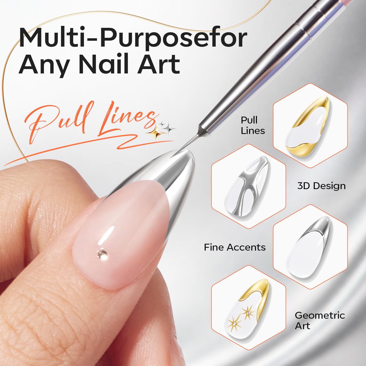modelones Chrome Gold Silver Gel Liner Nail Polish – Metallic Mirror Nail Art Kit with Double Head Brush