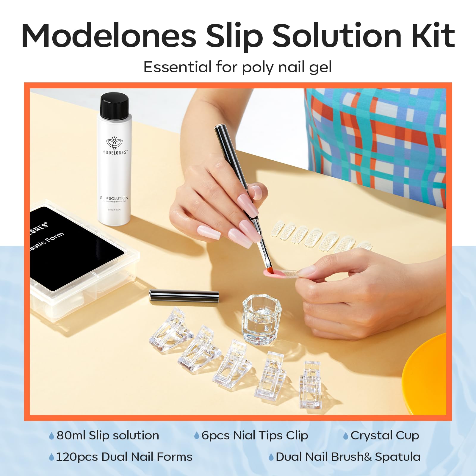 Modelones Slip Solution for Poly Gel – 2.8oz Anti-Stick Liquid with 120 Dual Nail Forms Kit