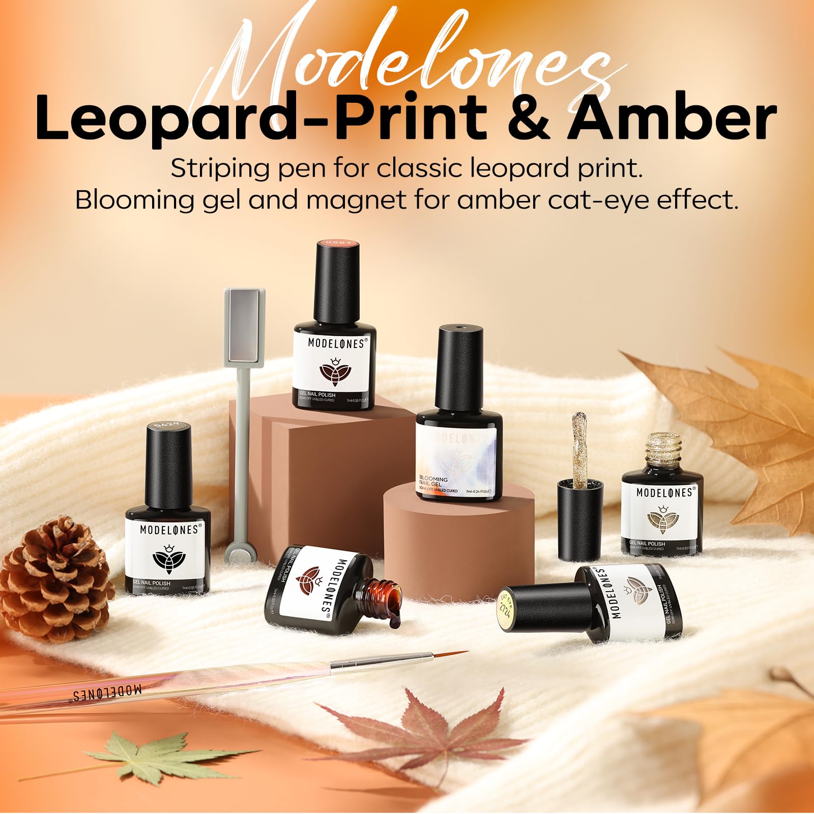 Modelones Gel Nail Polish Set – 6 Colors, Magnet & Liner Pen (Leopard Theme)