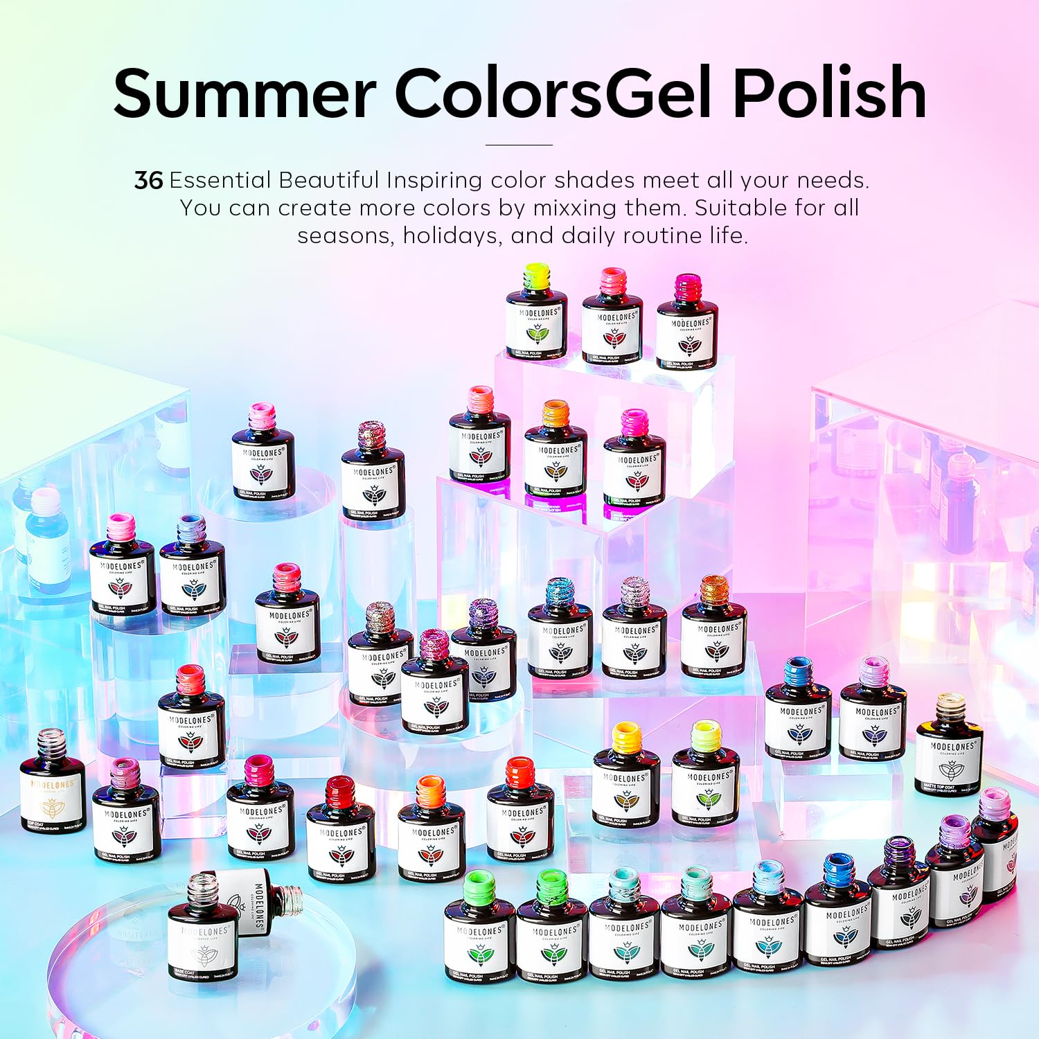 Modelones 40 Pcs Gel Nail Polish Set – 36 Neon Colors + 4 Coats (Base/Top), Soak-Off Gel Manicure