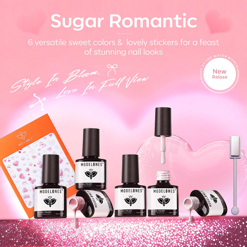 Modelones Gel Nail Polish Set – 6 Pastel Colors, Cat Eye & Pearl Glitter, Gift Kit