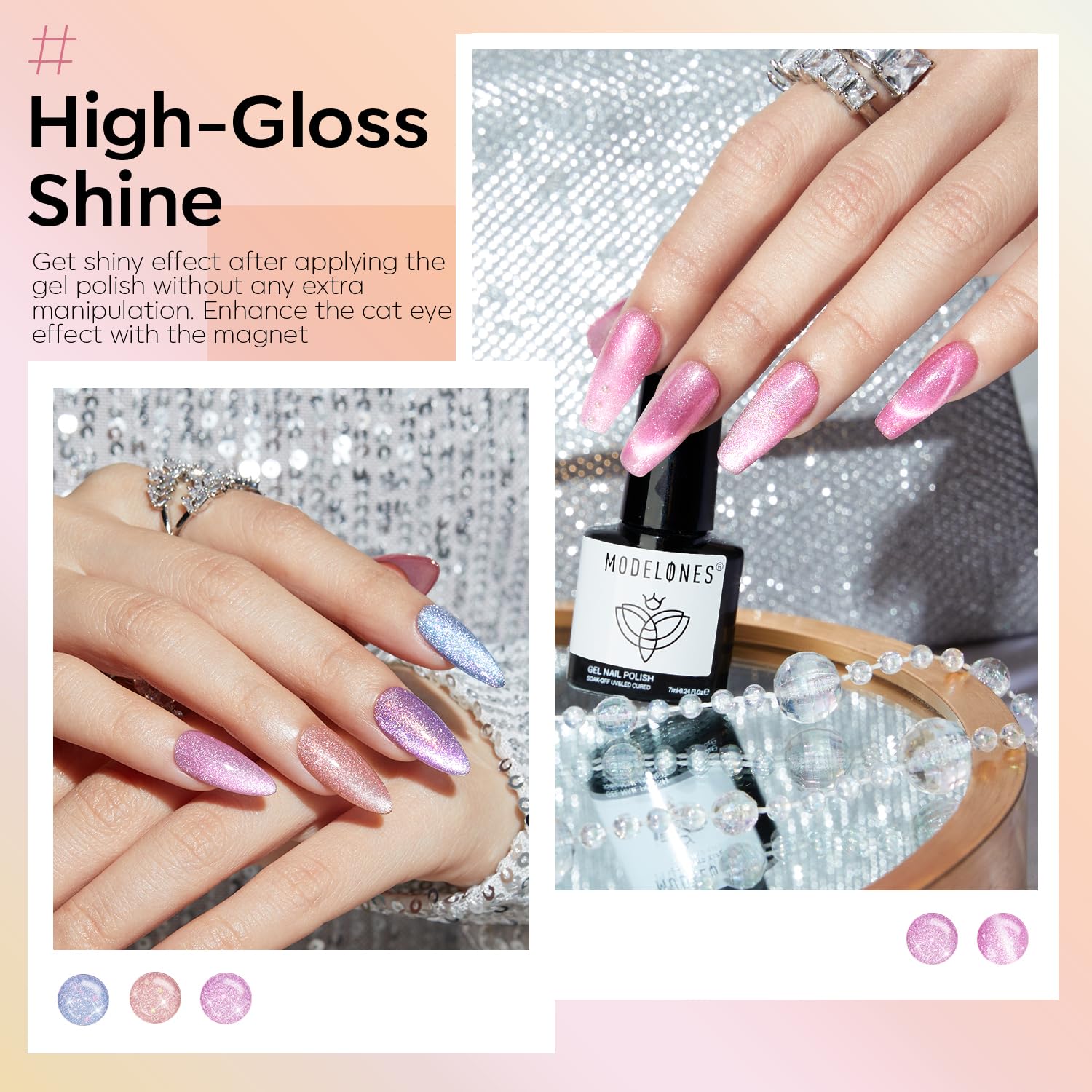 Modelones Holographic Cat Eye Gel Nail Polish Kit – 6-Color Rainbow Galaxy Set with Magnet