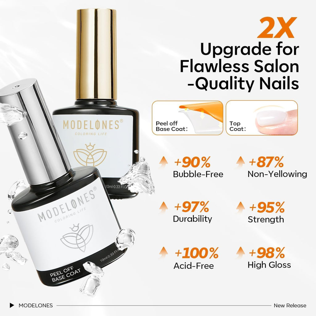 modelones Peel Off Base Coat & Gel Top Coat Set – No-Wipe Top Coat, Easy Peel, 2x10ml, Beginner Nail Art