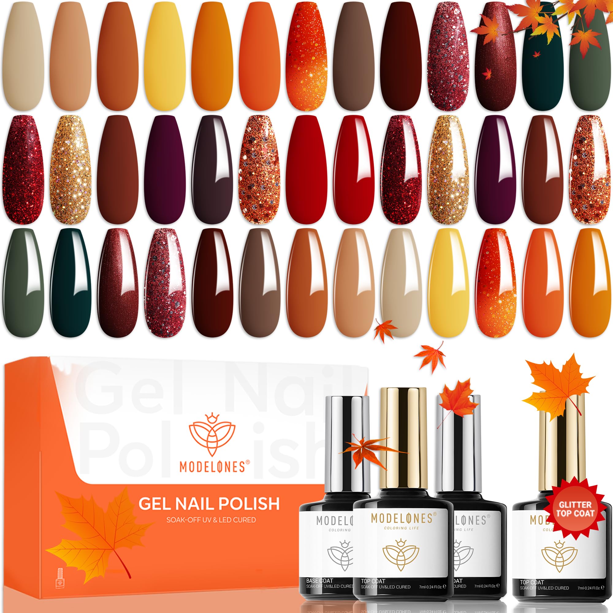 Modelones 20 Colors Gel Nail Polish Kit – Fall/Winter Set with Glitter, Glossy & Matte Top Coats, No-Wipe Base, DIY Manicure at Home