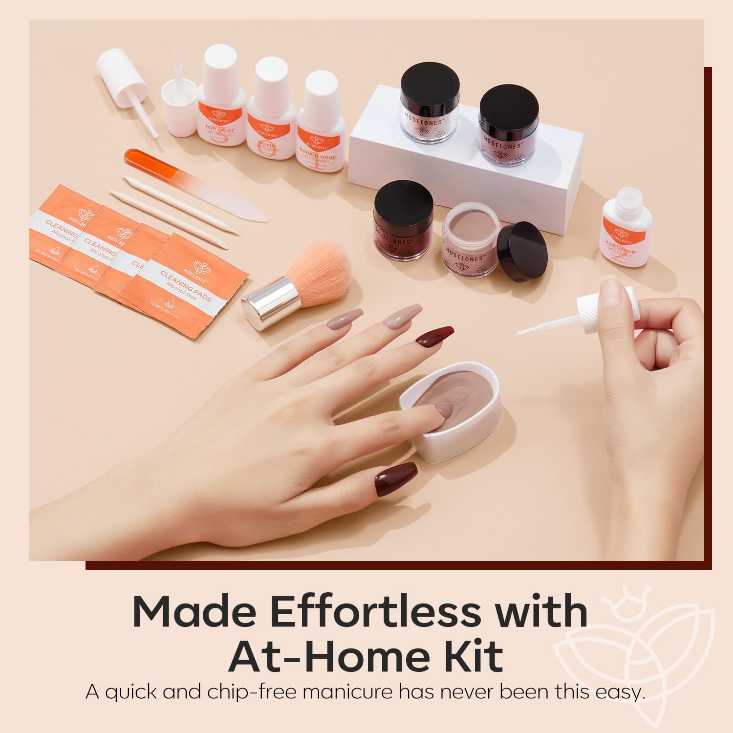 Modelones Dip Powder Nail Kit – 4 Colors Beige, Brown & Glitter with Liquid & Complete Accessories