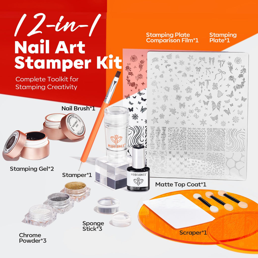 Modelones 16 PCS Gel Nail Stamping Plate Set – French Tip Kit, Chrome Powder, Matte Top Coat
