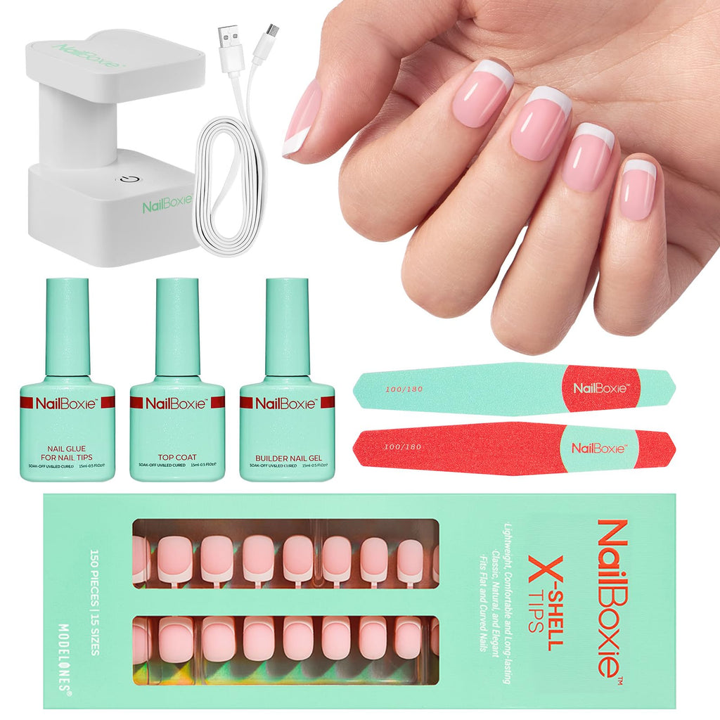 Modelones Gel Nail Kit with LED Light – 150 PCS Press-On Nails, Short Pink Square, 15 Sizes