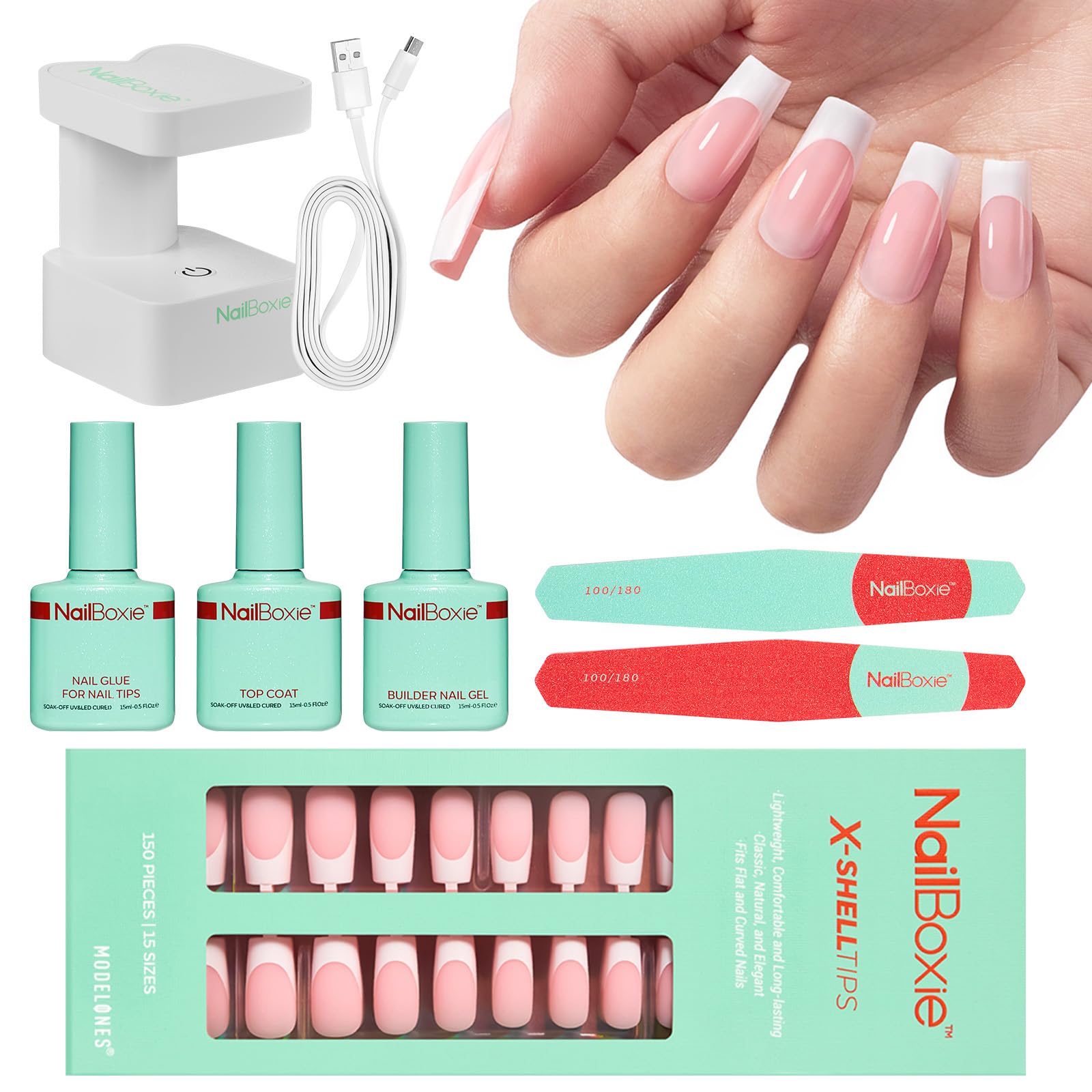 Modelones Gel Nail Kit with LED Light – 150 PCS Press-On Nails, Builder Gel, Glue, Top Coat, French Tip