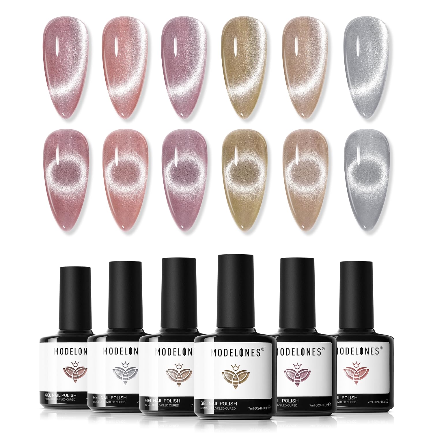 Modelones Gel Nail Polish Set – 6 Nude Pink Cat Eye Polishes + Magnetic Stick (9D Glassy)